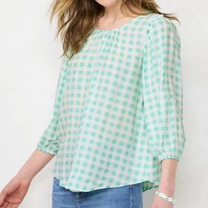 NWOT LC Lauren Conrad Flowy Puff-Sleeve Top Women's L Green White Babydoll Retro